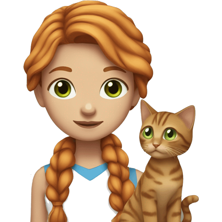 girl with blue eyes, with flowing ginger hair with brown tabby cat with greenish eyes emoji