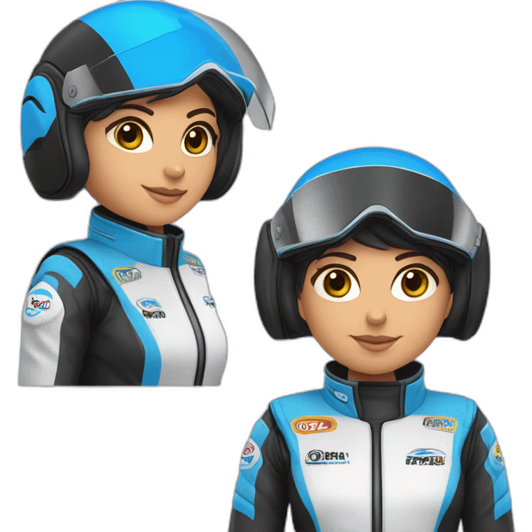 Piloto mulher morena de kart macacão da cor preto e detalhe azul escuro e capacete branco com detalhe azul escuro emoji