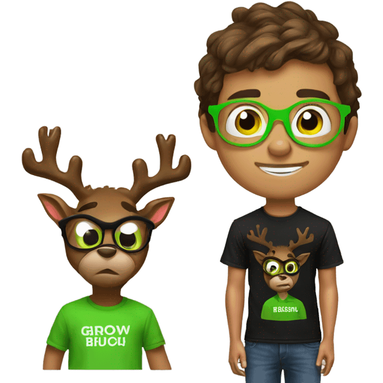 brown haired boy with reindeer glasses and grinch t-shirt emoji