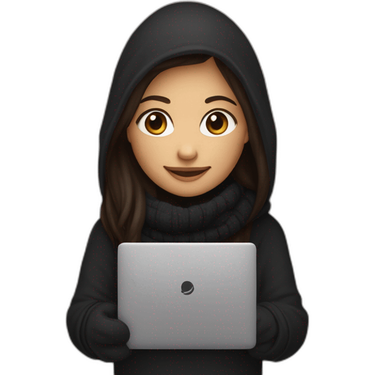 Female with middle dark brown long straight hair wearing black hoodie and black woolly scarf holding a closed laptop and a coffee mug on her hands and smiling with both her eyes and mouth emoji