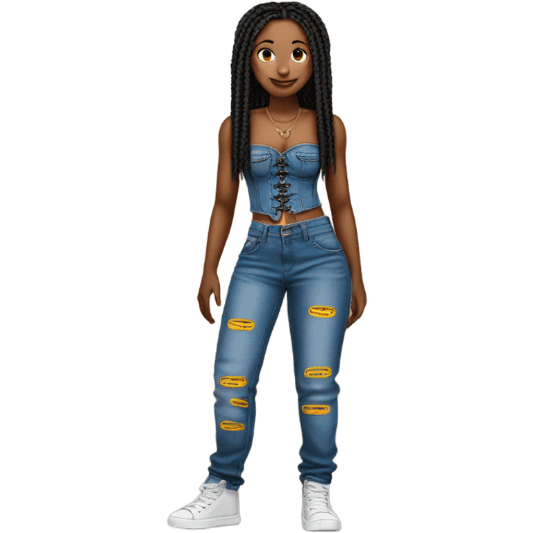 Black girl with box braids posing full body jeans corset top emoji