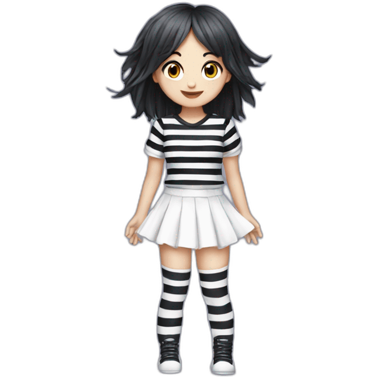 Frontal view curvy emo girl sits white skirt striped stockings hands up emoji