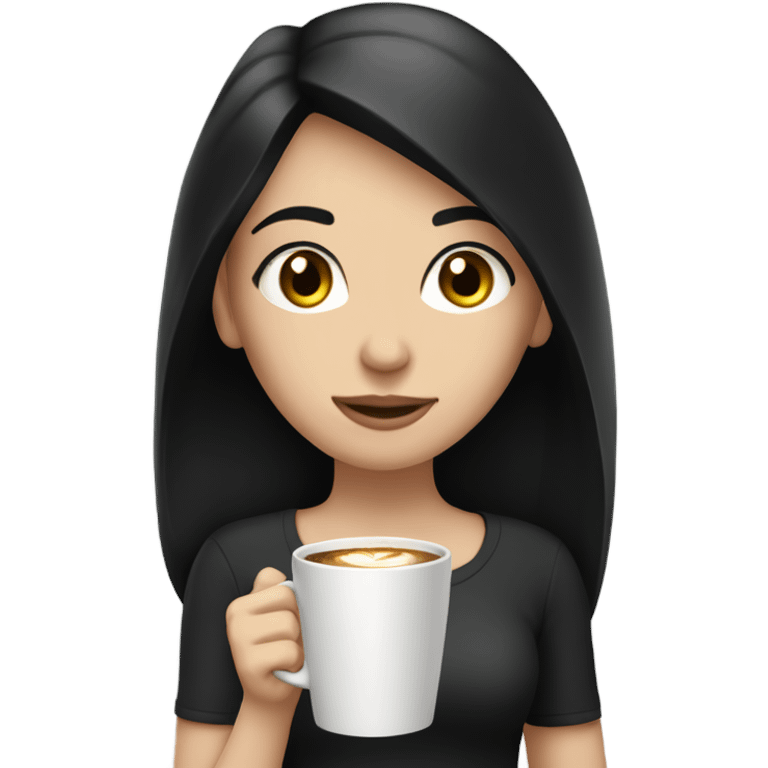 a girl with straight black hair, pale skin and hazel eyes holding a cup of coffe emoji