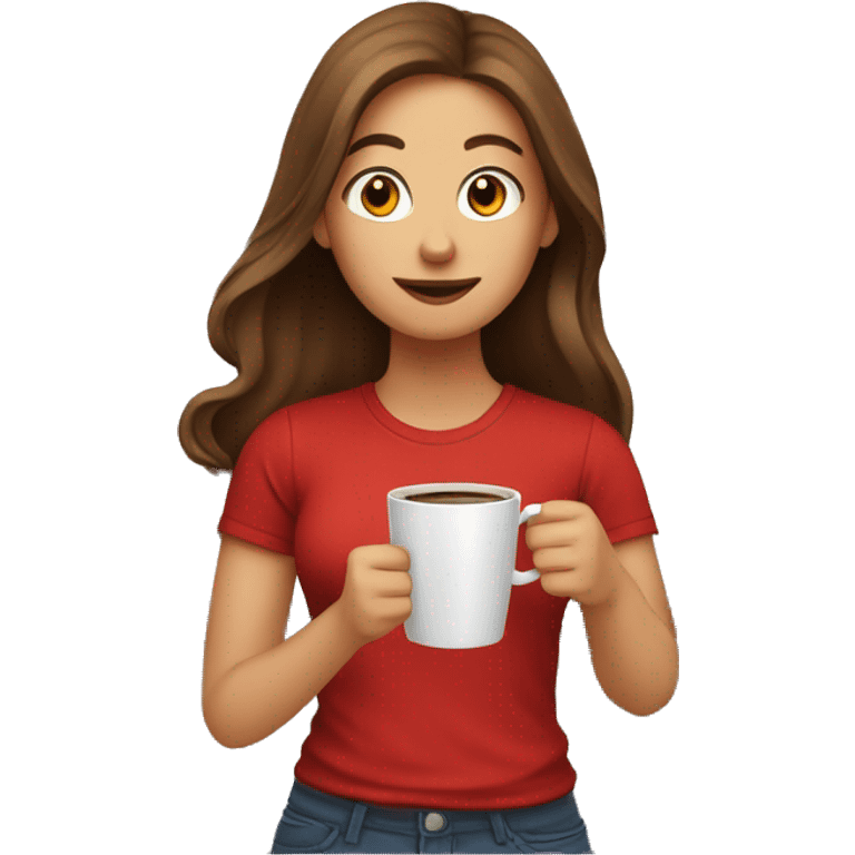 barista girl in a red t-shirt with long brown hair, with a cup of coffee in a hand emoji