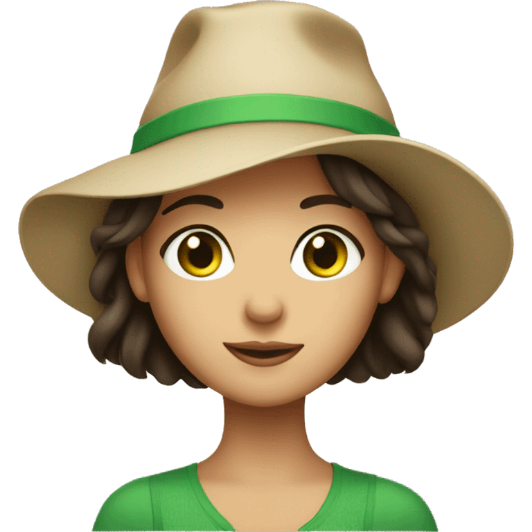 Brunette woman with green eyes wearing a cute hat emoji