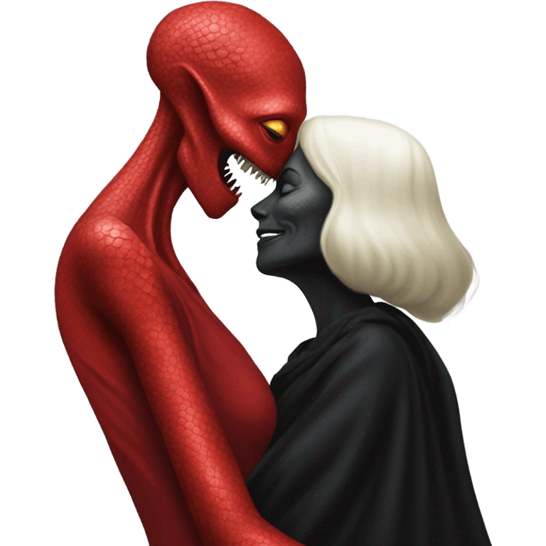 White man in black dress hugs and kissing Alien reptilian woman in red dress  emoji