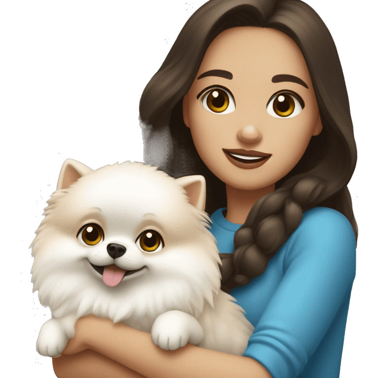 Brunette girl with light skin and blue eyes holding a white pomeranian  emoji