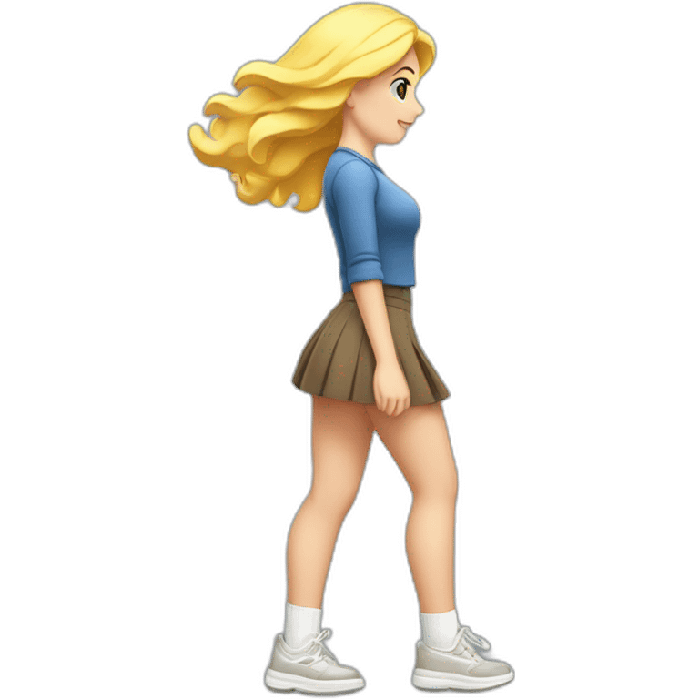 full body back view curvy caucasian beauty in small skirt lifted by the wind butt white socks emoji