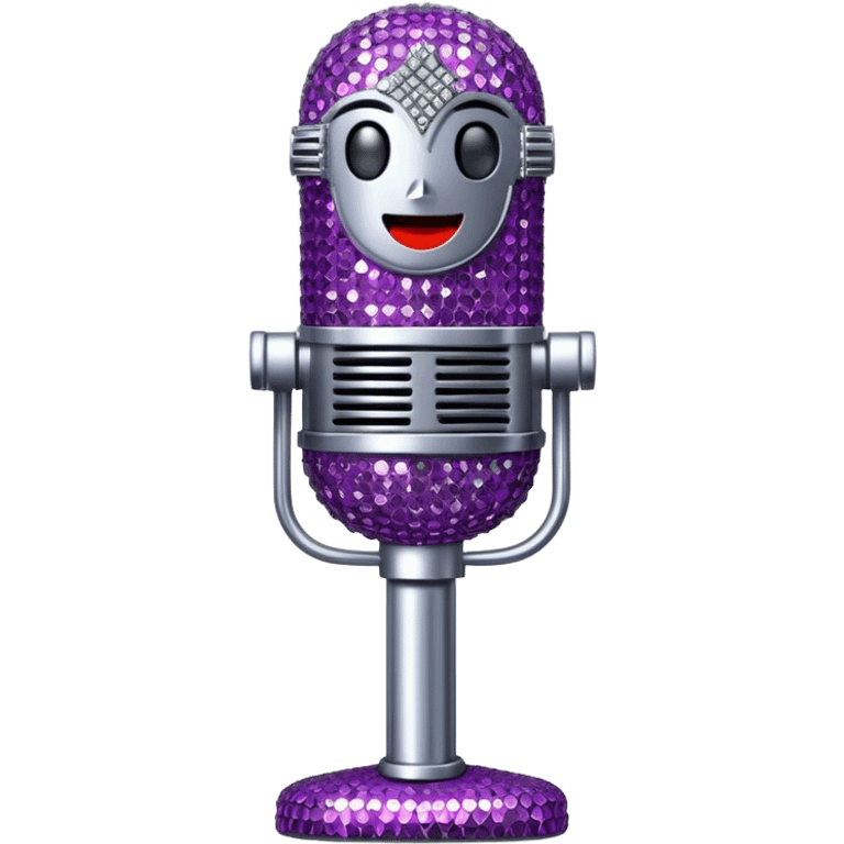 Create a glamorous and vibrant emoji representing stage vocal performance. The design should feature a classic vintage microphone at the center, surrounded by humanless an eye-catching stage costume covered in rhinestones, sparkling brightly. The costume should be stylized, with glittering elements like sequins and sparkles, and reflect the glitzy, extravagant nature of show business. The microphone should have a sleek, retro look with chrome or metallic accents. Use rich, dazzling colors like gold, silver, deep purple, and bright red to evoke the glamorous, larger-than-life feel of a stage performance. The background should be transparent. emoji