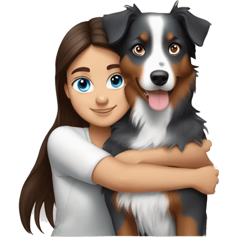 Brunette blue blue-eyed girl hugging Tricolored Australian Shepherd emoji