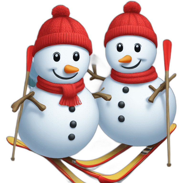 two snowmen in red hats skiing emoji