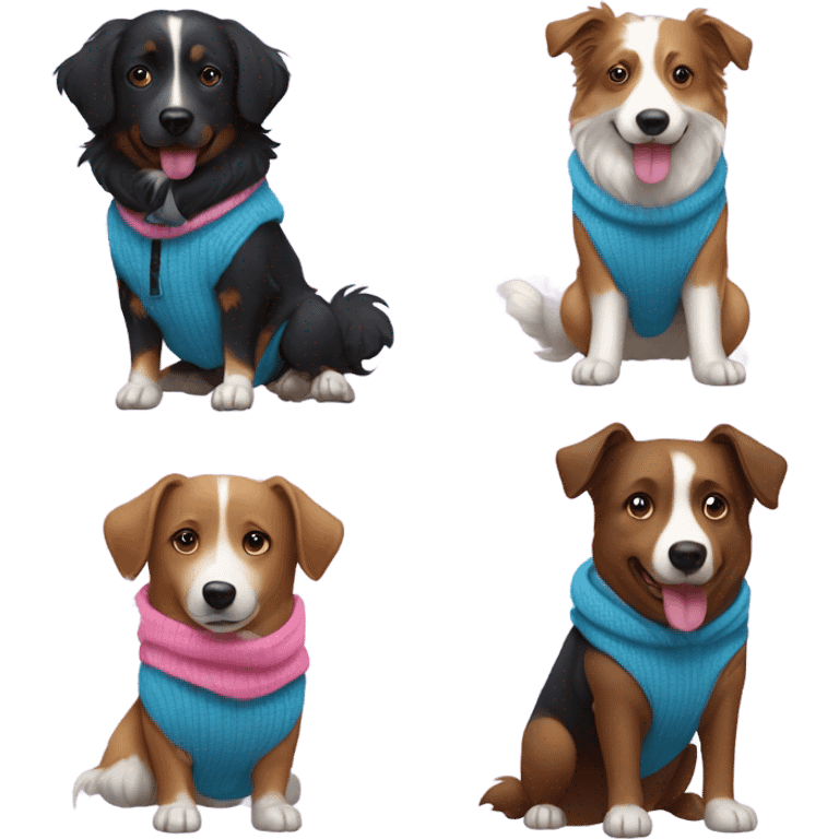 A potato wearing a pink hoodie walking two dogs on a leash. One dog is an australian Sheppard and the other is a skinny black dog with pointy ears wearing a blue sweater emoji