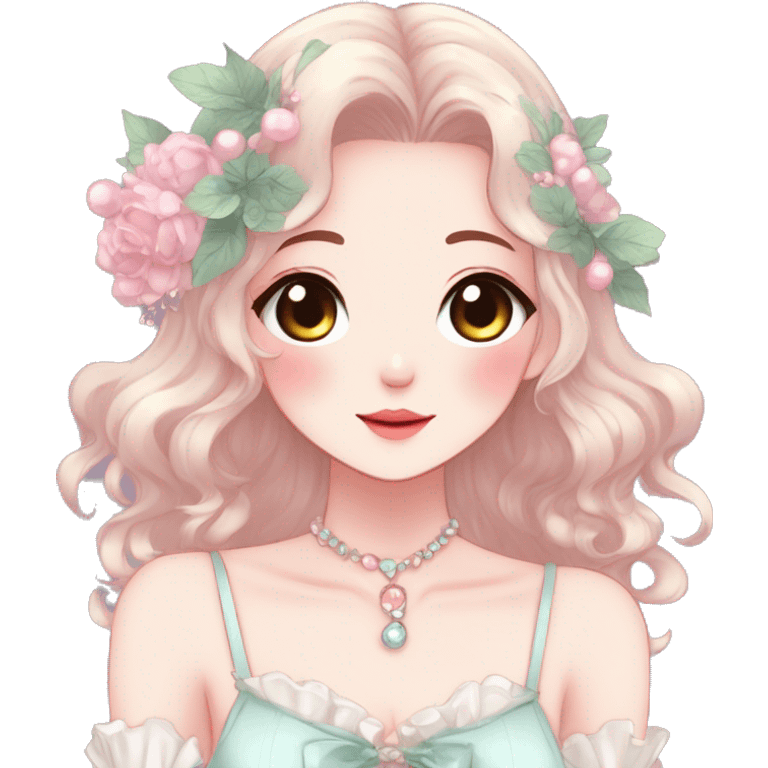 Gorgeous anime style lady with blushing face and accessories cottagecore fairycore  Kawaii anime colorful pearly romantic simplistic aesthetic trending stylea emoji