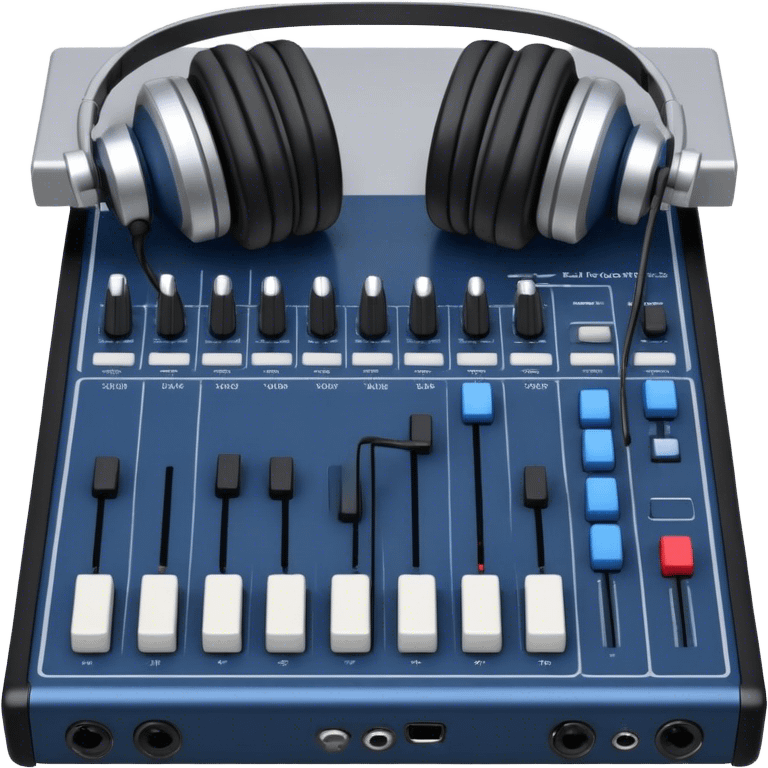 Create a professional and technical emoji that represents sound engineering. The design should feature a sound mixing console with faders, a pair of studio headphones, and audio waveforms to symbolize the precision and technicality of sound mixing and mastering. Include elements like a microphone or audio cables to reflect the recording aspect. Use colors like silver, black, and dark blue to represent the technical, yet artistic side of sound engineering. The background should be transparent. emoji