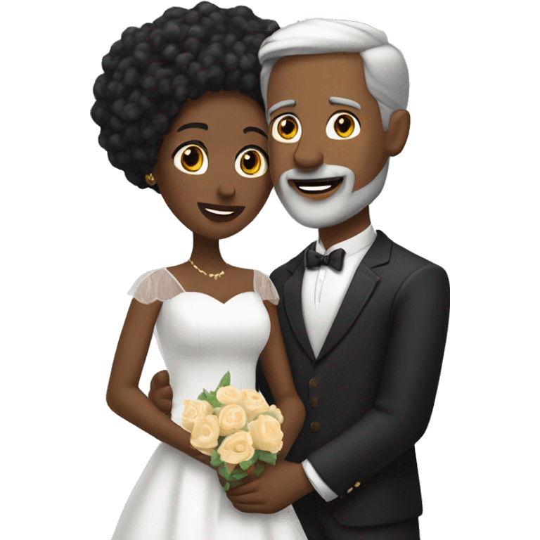 A white man with grey hair and with a goatee has just married, with a black woman with black hair and a brown complexion. They have a lot of money. they are hugged emoji