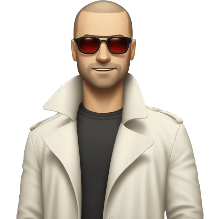 <excerpt>
A white man with real buzz cut Black hair, beard stubble donning small red tinted sun glasses in a dirty white trench coat, is serious.
</excerpt> emoji