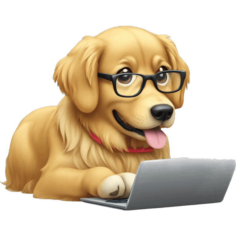 Golden retriever with reading glasses typing on computer emoji