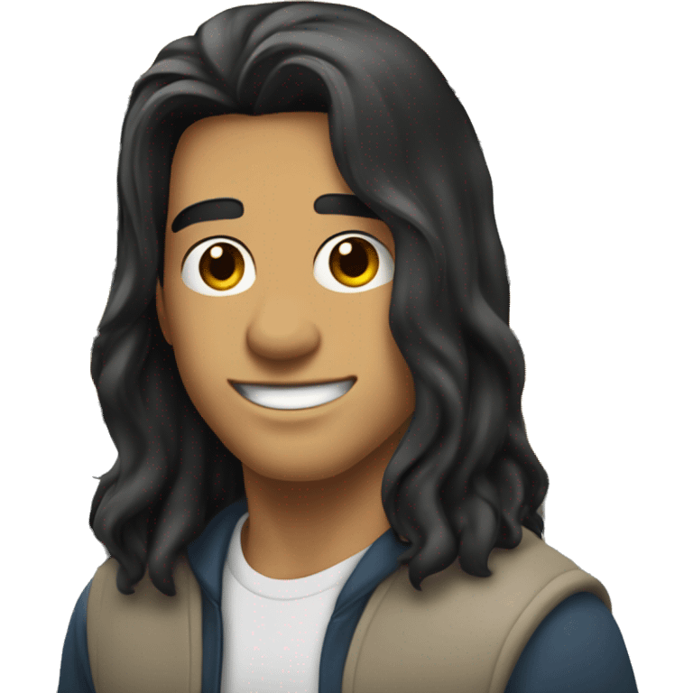 handsome man with long black hair combed back, leaning back against the school bus, white-skinned American emoji