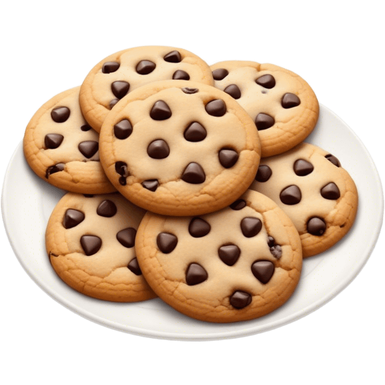 Cinematic Realistic Cookies Dessert Emoji, showcasing a plate of freshly baked cookies with gooey chocolate chips rendered with lifelike textures and warm, homey lighting. emoji