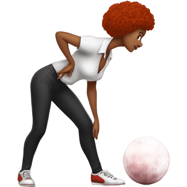 Black red-headed, female dancer bowling, in a standing, slightly bent over stance holding a bowling ball appropriate in size to their size emoji