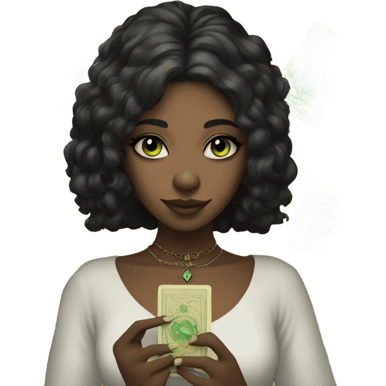 Girl with green eyes black hair and nose ring piercing with taro cards emoji