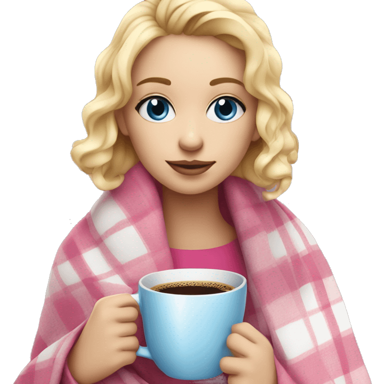 cute blonde girl wrapped in pink plaid blanket drinking coffee blue eyes emoji