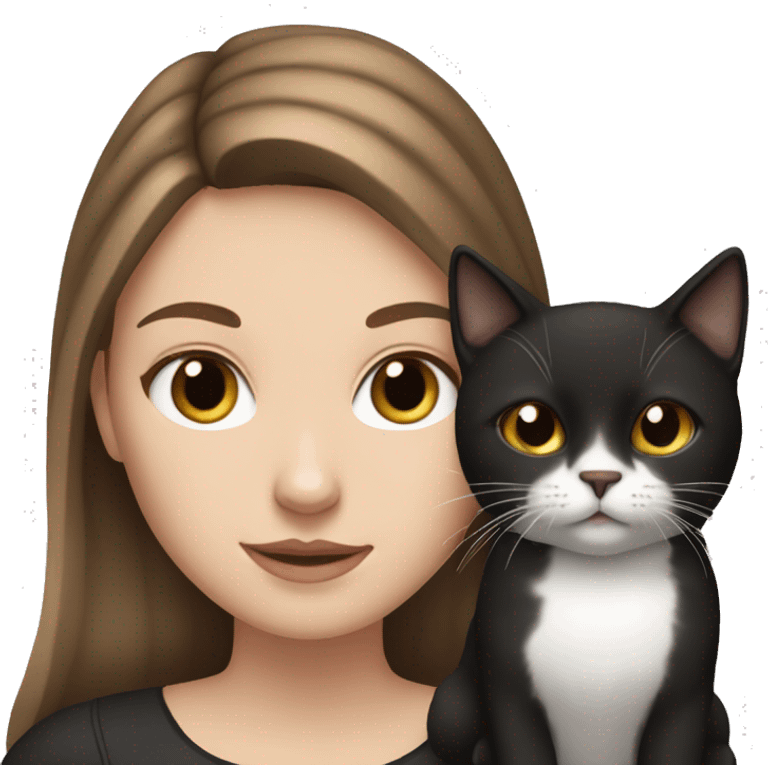 White girl with brown hair and brown eyes holding a black and white cat emoji