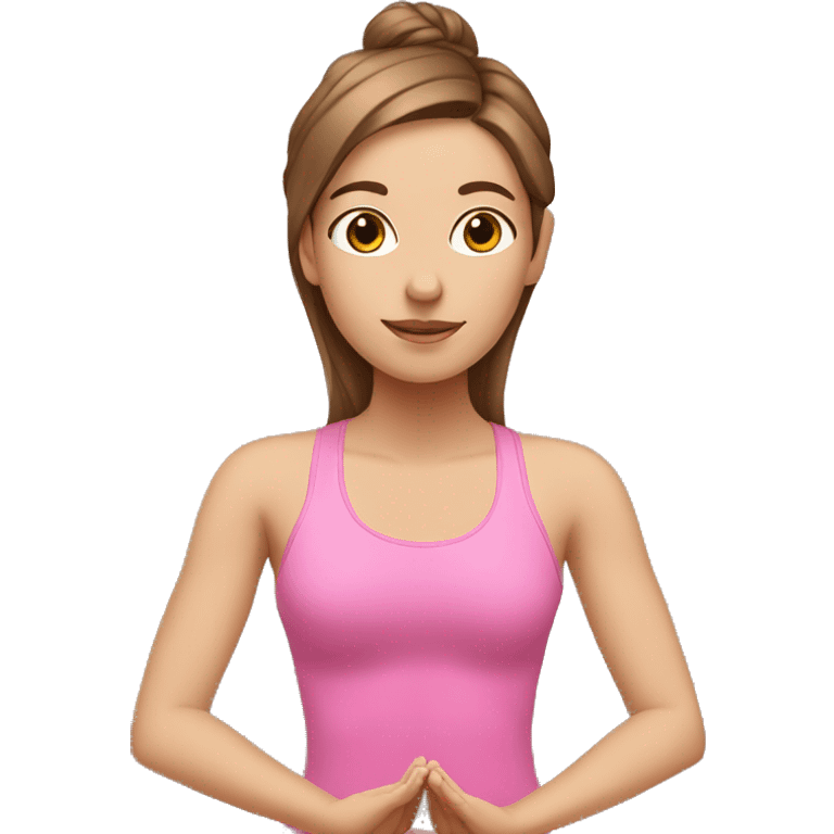 White skin brown hair doing yoga wearing pink emoji