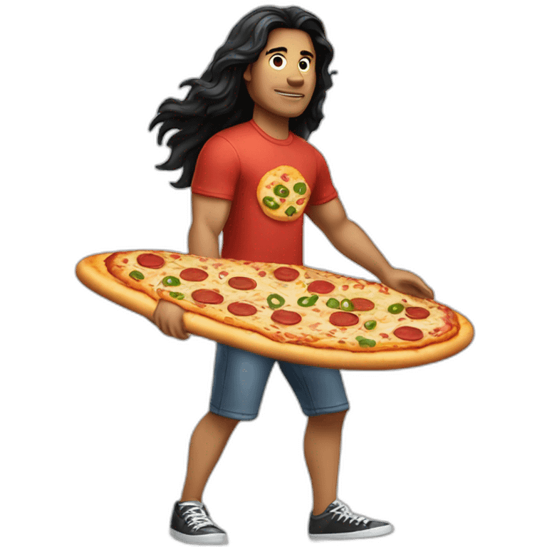 guy with long black hair in short and t-shirt surfing a pizza emoji