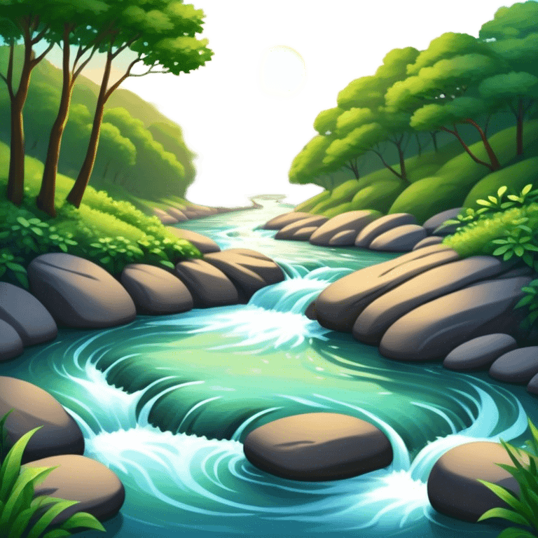 Cinematic Realistic River Emoji, Serene and flowing, with sparkling water meandering through lush greenery, surrounded by trees and rocks. The sun dances across the rippling surface, creating glimmering reflections while birds fly overhead. Soft glowing outline, capturing the essence of peacefulness and tranquility in a meandering river. emoji