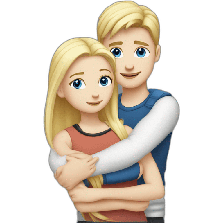 blond white girl with blue eyes hug white boy with black hair with pony-tail emoji