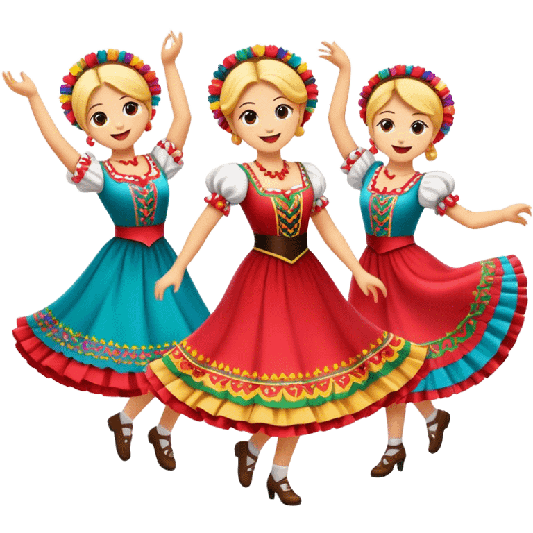 Cinematic Realistic Mazurka Dance Emoji, depicted as a lively traditional Polish folk dance scene with colorful costumes and spirited movement, rendered with dynamic textures and vibrant festive lighting that captures its rhythmic energy. emoji