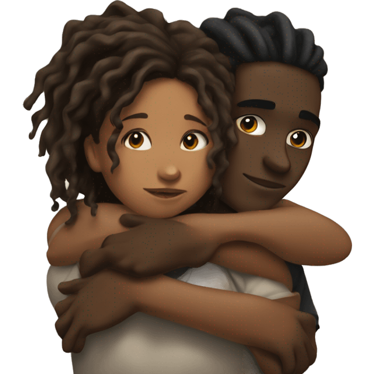 Brown girl with wavy hair hugging black boy who has dreads  emoji