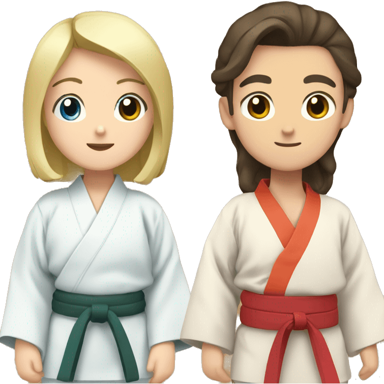 Man with  dark brown hair, and  blonde girl blue eyes in kimono judo emoji