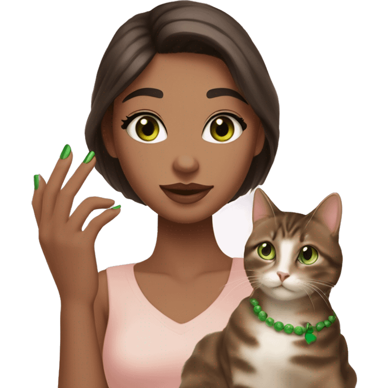 A girl with green eyes and dark brown straight hair, and makeup nude lipstick  and eyelashes, slightly tanned, oval light pink fingernails ,white top, holding a brown tabby cat with green eyes  emoji