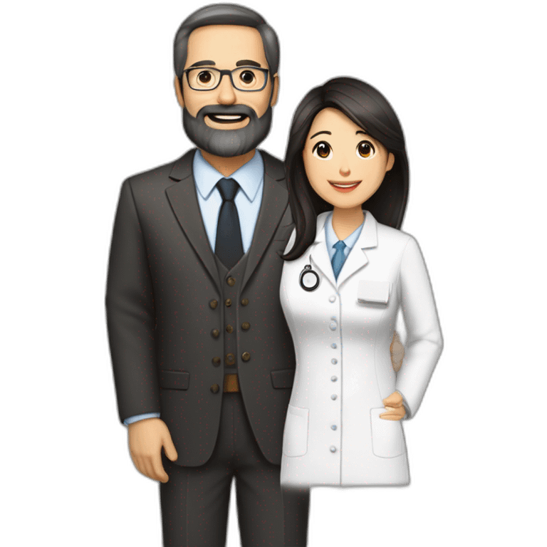 husband american age 64 dark brown hair trimmed beard wearing business suit holding bible together, wife asian age 64 black shoulder length hair wearing nurse uniform, no children emoji