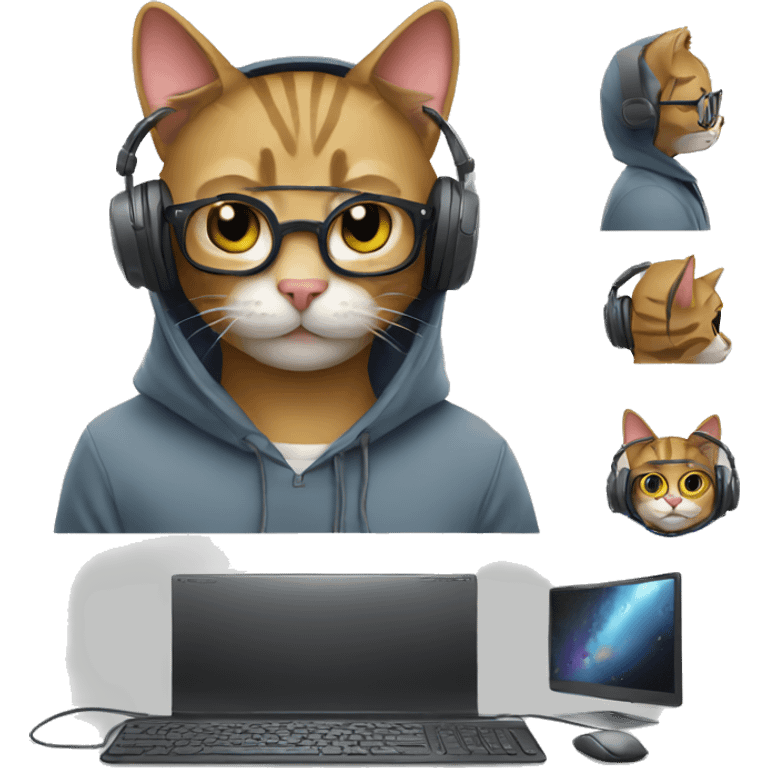 cat is a graphic designer in a hoodie and headphones, working at a computer in photoshop emoji