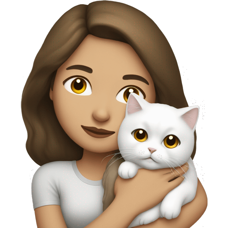 Brunette woman snuggling white Persian cat emoji