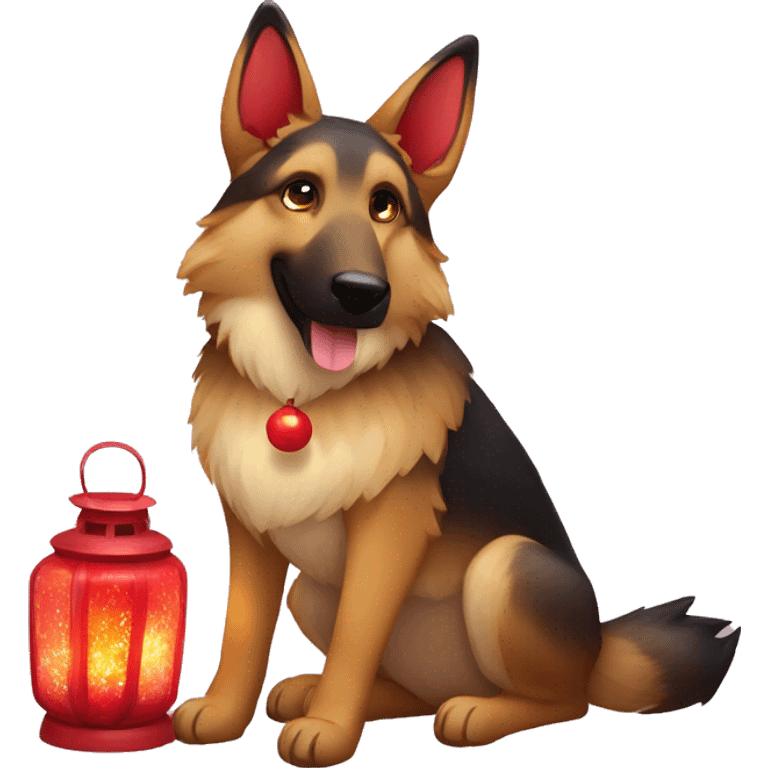 Brindled German shepherd fox carrying glowing red lantern, fairy lights, rose flower crown emoji