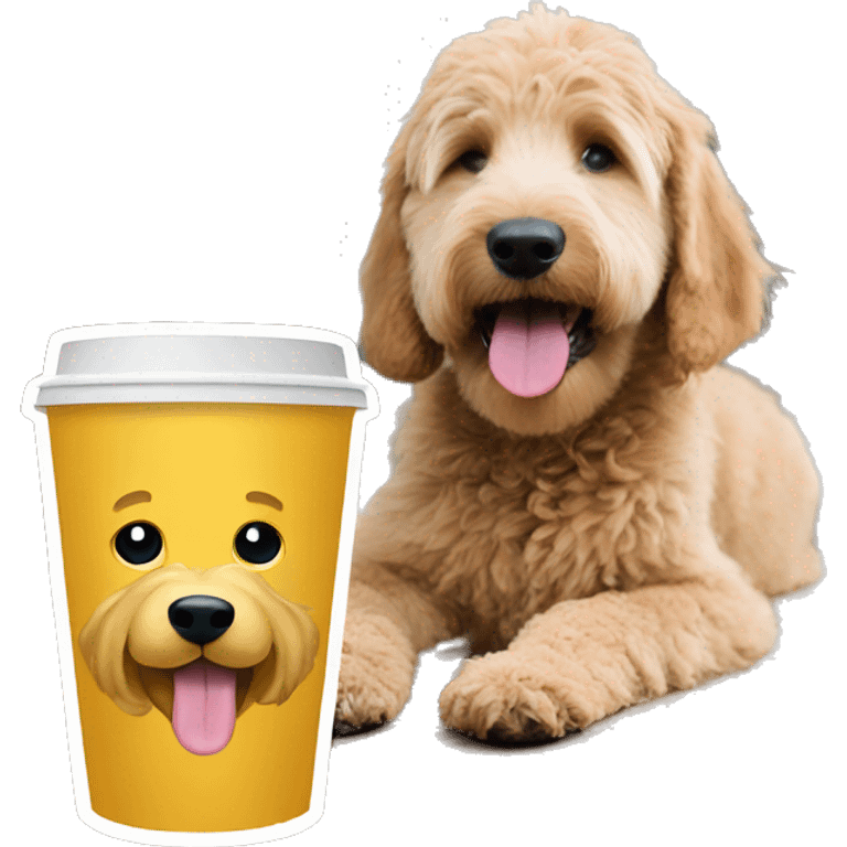 Golden doodle with pup cup emoji