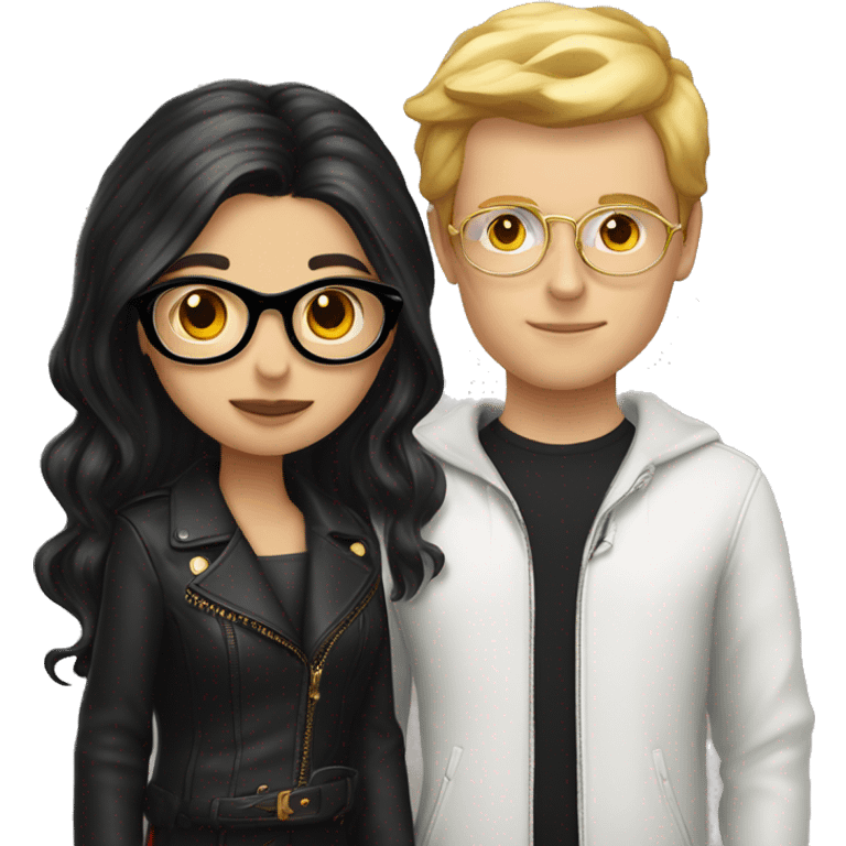 white girl with black and red-tainted long hair and circular golden glasses kissing white boy with mi-long slick black hair wearing costume jacket emoji