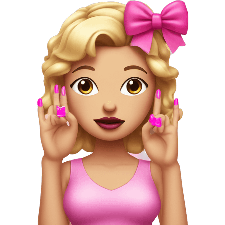 Frown face holding up the middle finger with pink nails and with big pink lip gloss with bows on the head emoji