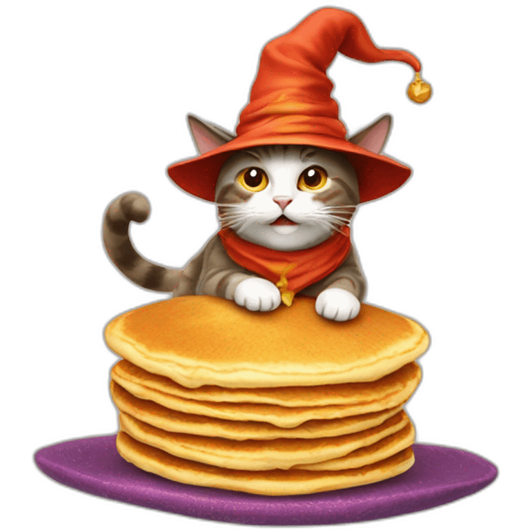  wizard cat in a hat riding a flying pancake emoji