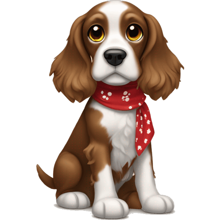 cocker spaniel brown with white paws dog wearing red bandana with black paw prints on it  emoji