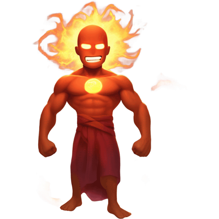 A character surrounded by a fiery red aura, with glowing energy pulsing from their body, and their muscles glowing with intense strength and power. emoji