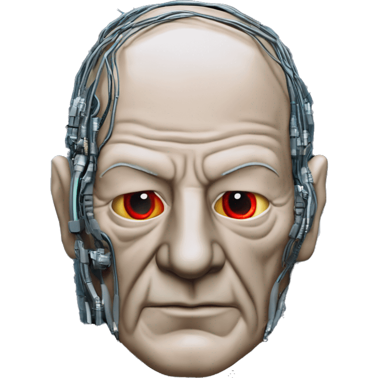 Jean luc picard from Star Trek assimilated by the Borg, with mechanical metal covering the left side of his face, with wires and a red light on the left side. His eyes are blue emoji