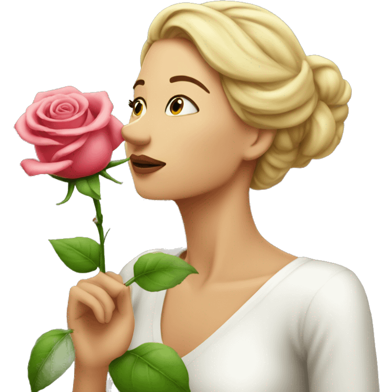 Beautiful woman, smelling one long STEM, rose emoji