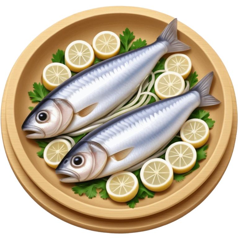 Cinematic Realistic Herring Dish Emoji, showcasing a traditional preparation of fresh herring with onions rendered with lifelike detail and cool, crisp lighting. emoji