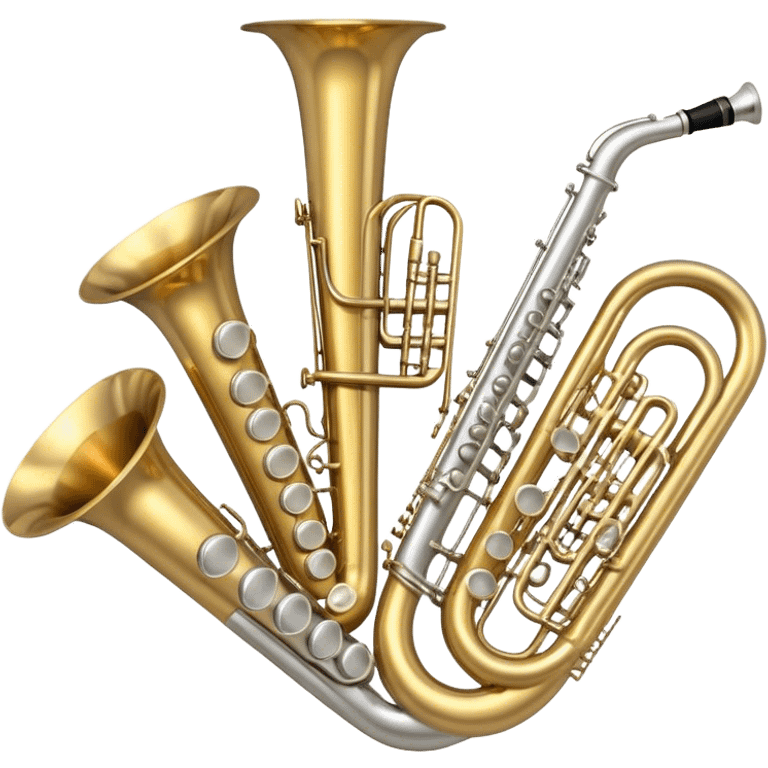 Create a professional, harmonious emoji collage symbolizing wind instruments.  The instruments should be in metallic gold, silver, and brass tones, with subtle reflections to convey a professional and polished appearance. Add soft musical notes or soundwaves to surround the instruments, creating a sense of movement and sound. The background should be transparent, ensuring all instruments are the focus and the composition remains harmonious and balanced. emoji