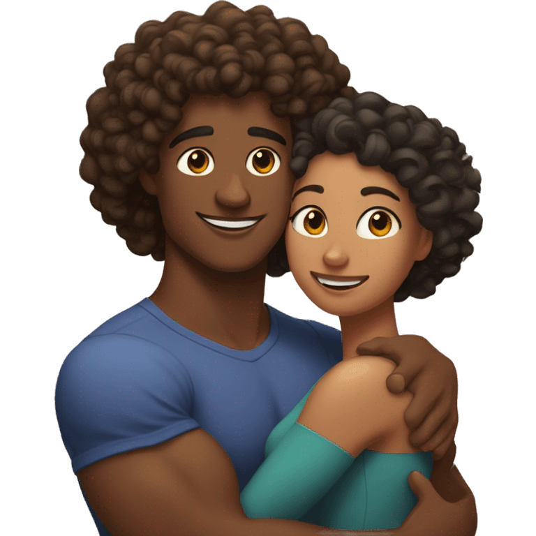 A brown skin woman with curly hair and a big butt hugging a tall muscular brown skin man with curly hair emoji